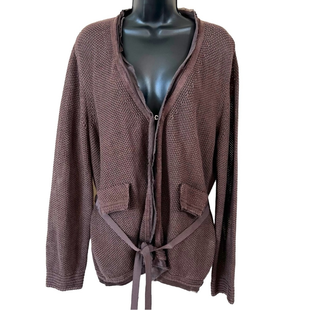 Les Copains Italian Brown Linen And Silk Blend Lightweight Cardigan Sweater